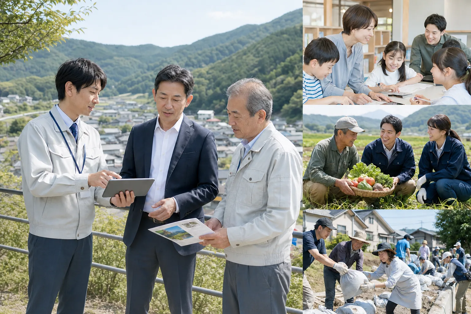 自治体・企業・地域の関係者が教育、農業、防災などの地域プロジェクトに取り組む様子